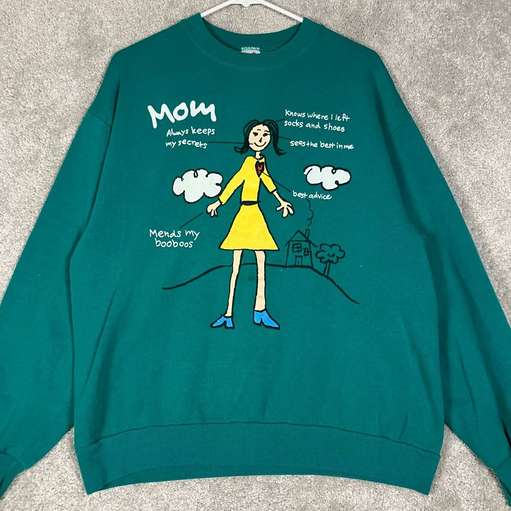 Vintage 90s Jerzees Sweatshirt Womens Large Teal Mom Graphic Humor Made in USA